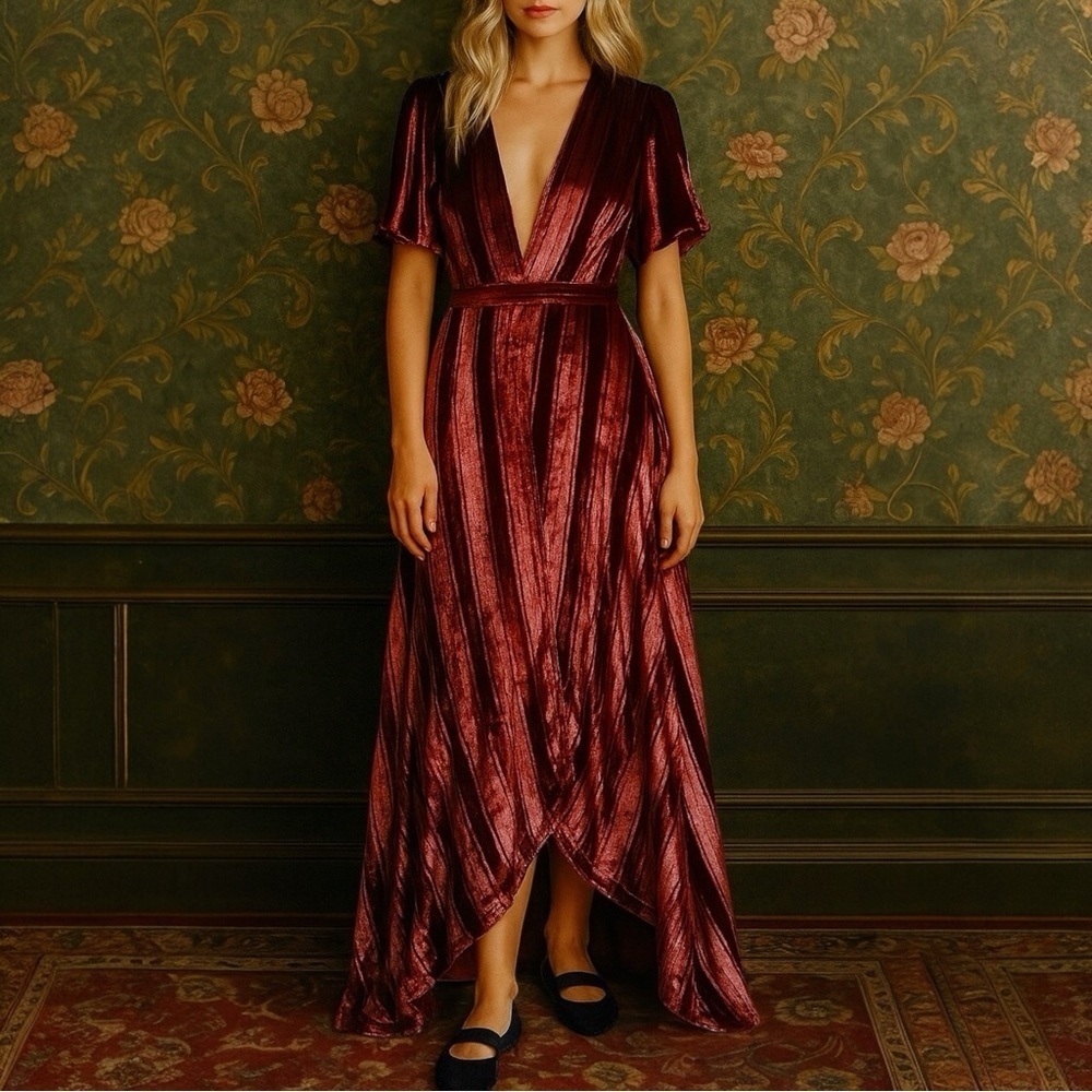 FREE PEOPLE‎ Kara Metallic Red Velvet Short Sleeve Wrap Maxi Dress
